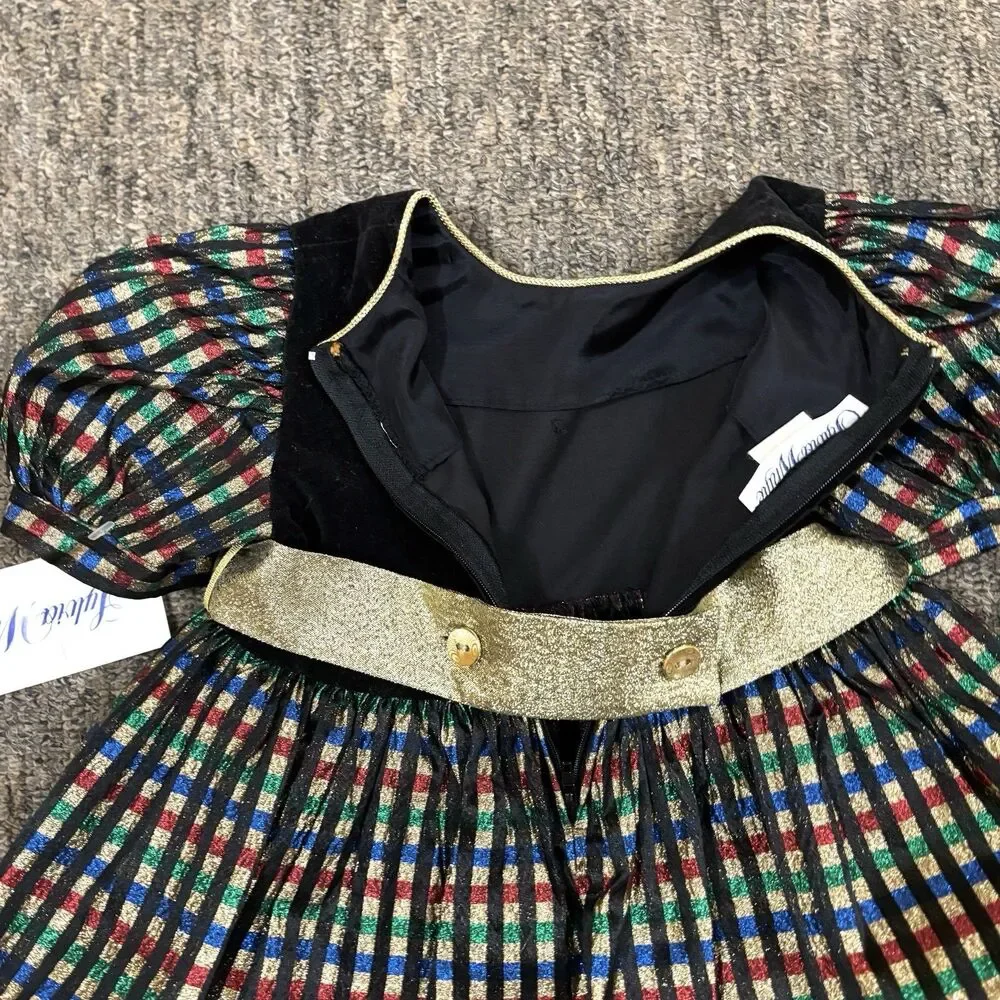 Vintage Sylvia Whyte Girls Holiday Plaid Black Velvet Dress Gold Belt Size 4 - Picture 7 of 9